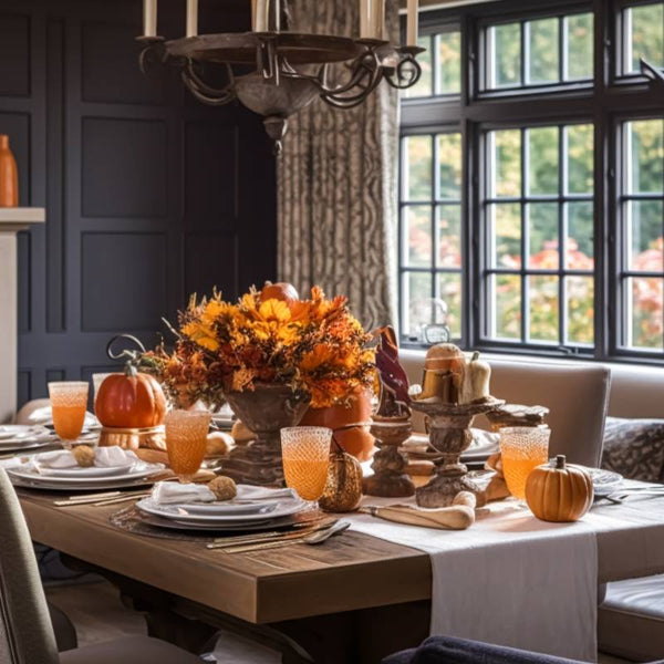 Home dining room decorated for the holidays with a table full of leaves and pumpkins