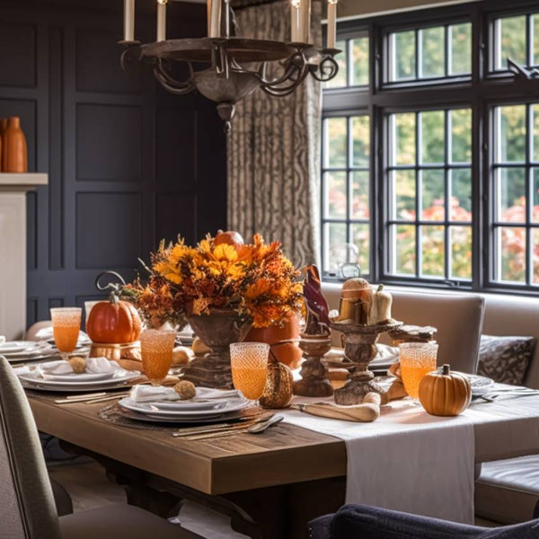 Home dining room decorated for the holidays with a table full of leaves and pumpkins