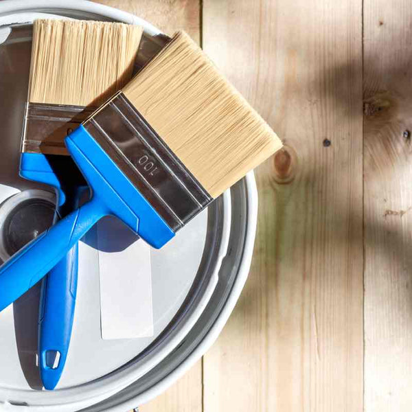 Two clean and wide paint brushes with blue handles on top of a closed paint can near Central Tennessee