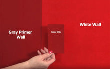 Load image into Gallery viewer, Example of using the Sure-Swatch Primer Decider from Hoover Paint Store to determine if finish coat color would be truer if used over a tinted primer.

